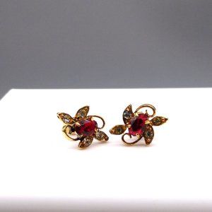 Vintage Dainty Crystal Flower Earrings, Tiny Studs with Red and White Floral